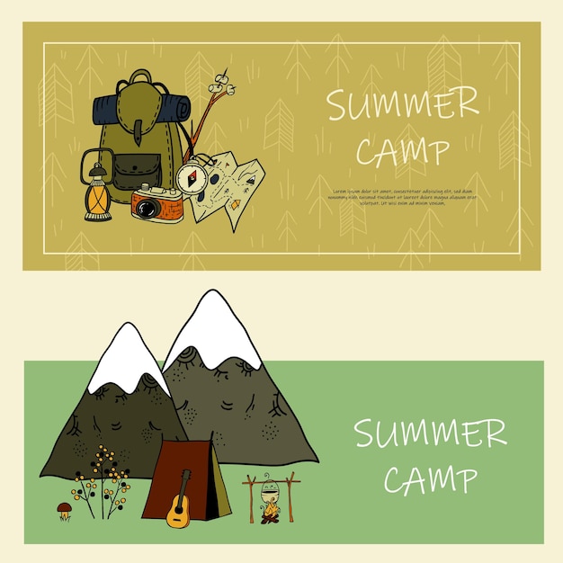 Colorful banners for illustration of camping, tourism, outdoor, and summer vacation.