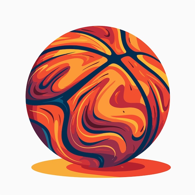 Un pallone da basket colorato con un disegno rosso e arancione sul fondo.