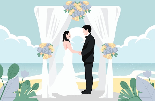 Colorful beach wedding day bride and groom couple marriage ceremony vector illustration
