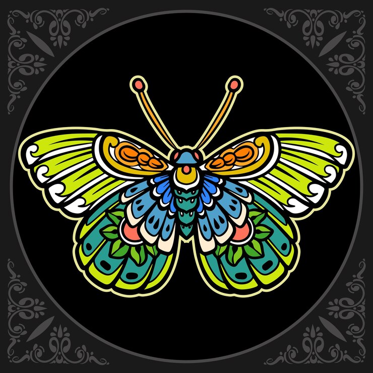 Vector 검은 배경에 고립 된 다채로운 아름 다운 나비 만다라 예술