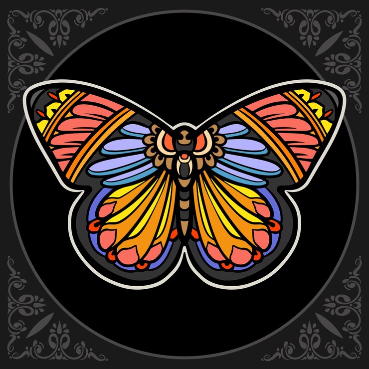 Vector 검은 배경에 고립 된 다채로운 아름 다운 나비 만다라 예술