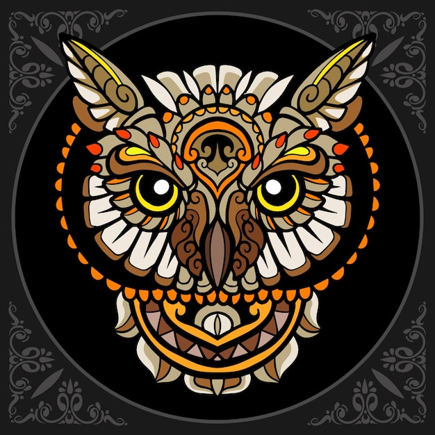 Colorful beautiful owl zentangle arts isolated on black background