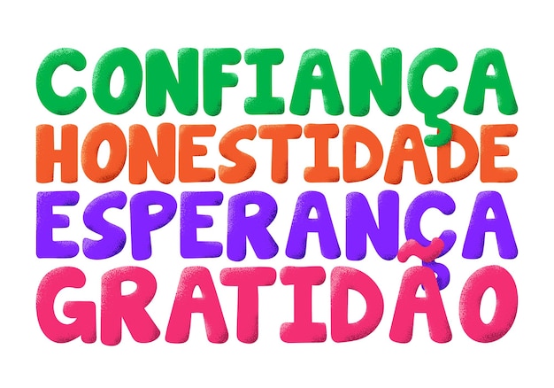 Colorful beautiful words in Brazilian Portuguese Translation Confidence Honesty Hope Gratitude