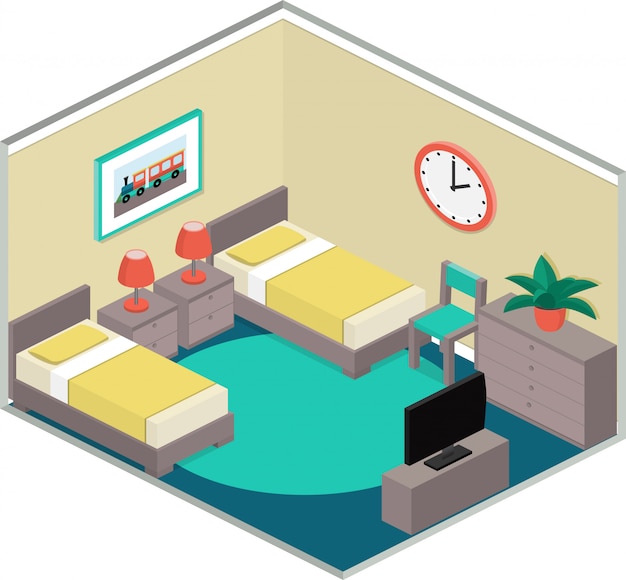 Colorful bedroom interior in isometric style,