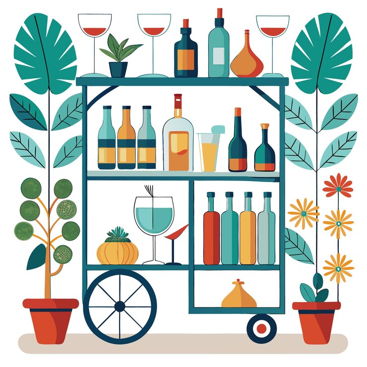 Vector a colorful beverage cart with various drinks and plants