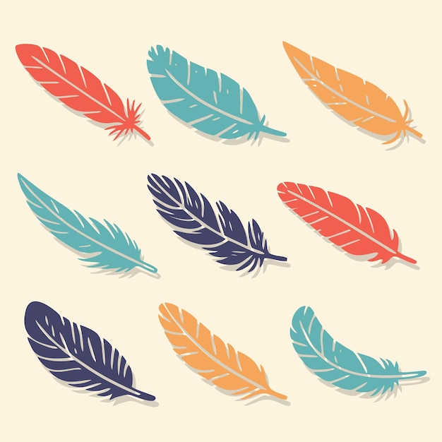 Colorful bird feathers set icon Feather silhouette Plumelet flat collection Vintage pen for calli