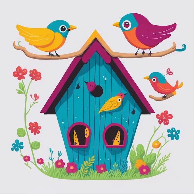 Colorful bird houses cartoon vector illustration white background