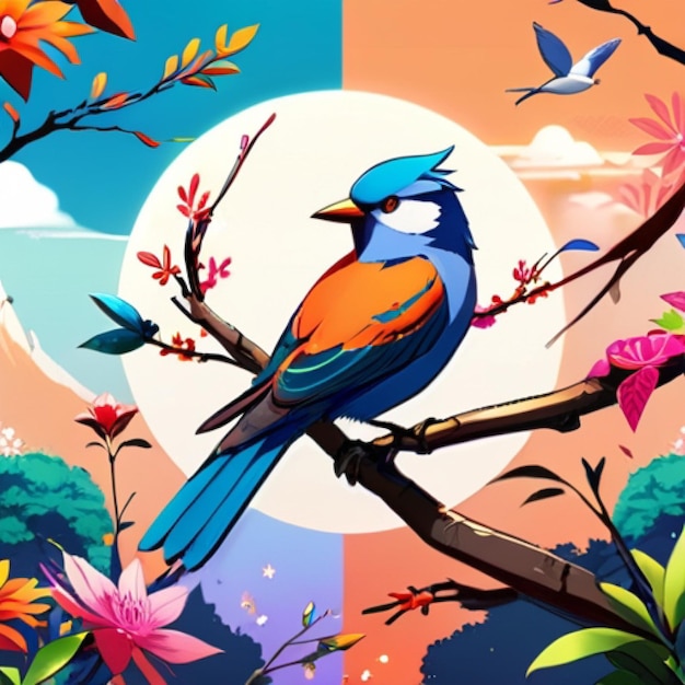 a colorful bird is sitting on a branch with flowers and the sun behind it