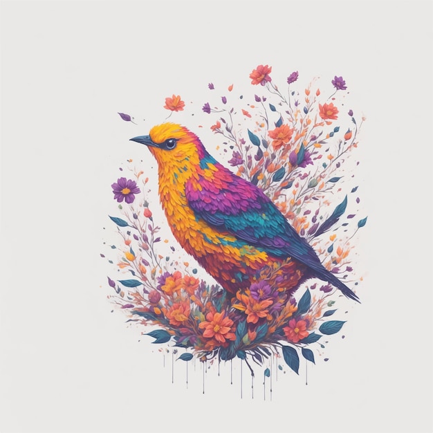 A colorful bird sits on a flowery background