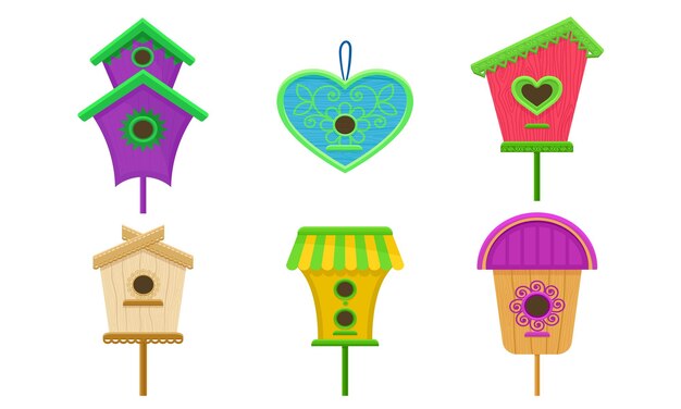 Vector colorful birdhouses vector illustrated set nesting boxes for birds decorative elements for postcards