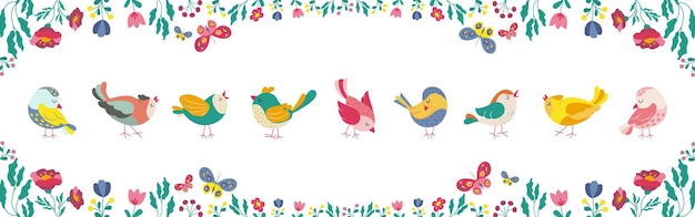 Vettore uccelli colorati tra fiori banner orizzontale uccelli esotici illustrazione vettoriale in stile piatto