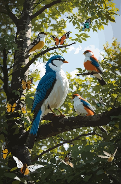 Vettore uccelli colorati nella scena naturale della foresta