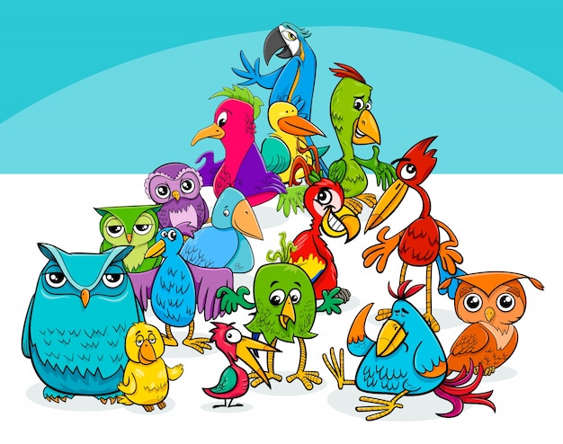 Vector colorful birds group cartoon illustration