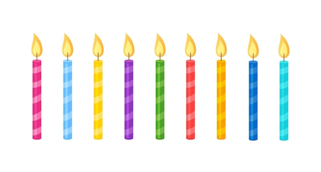 Vector colorful birthday burning candles for holiday cake isolated on white background