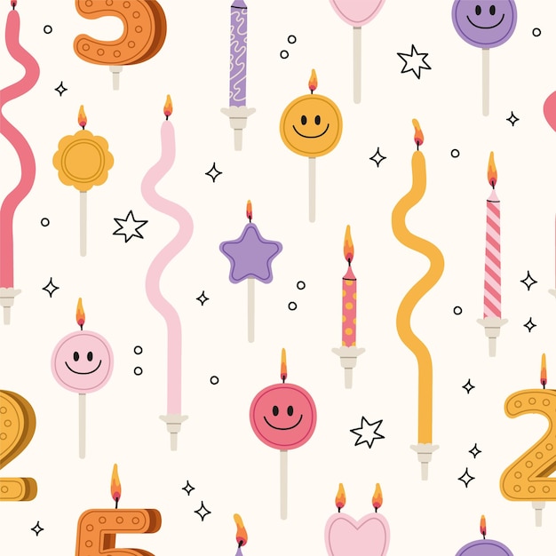 Colorful birthday candles seamless pattern. Hand drawn Infant age candles. Print, textile, greeting