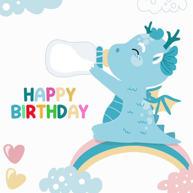 Colorful birthday card for children with cute baby dragon theme. Vector file.