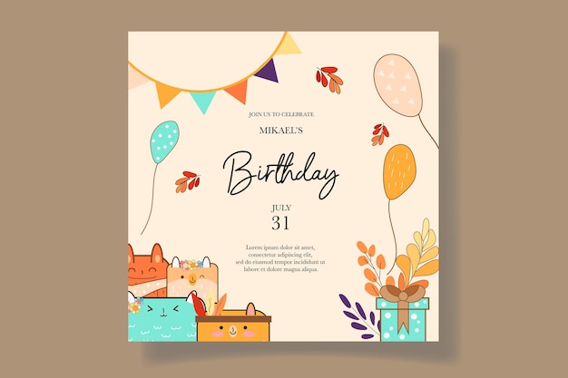 colorful birthday celebration invitation card with air balloons cartoon animals and rainbows with a