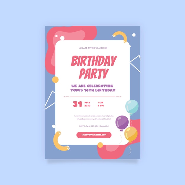 다른 캐릭터 일러스트와 함께 다채로운 생일 파티 초대장 포스터 Premium Vector