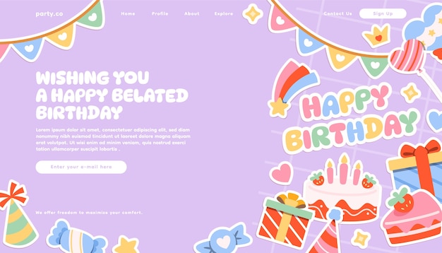 Colorful birthday stickers landing page template