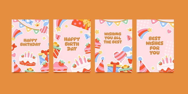 Colorful birthday stickers vertical card set collection