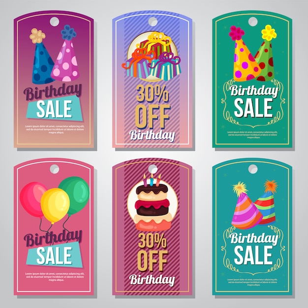 Colorful birthday tag set party hat balloon tart