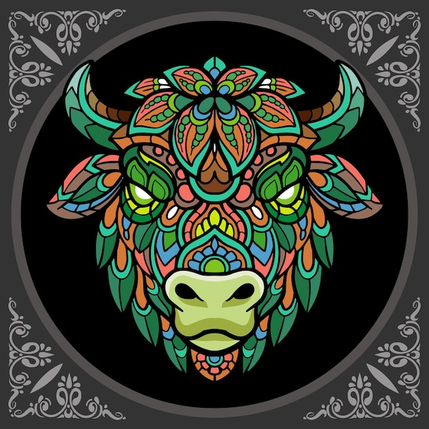 Colorful bison head zentangle arts isolated on black background