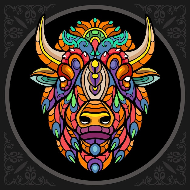 Vector colorful bison head zentangle arts isolated on black background