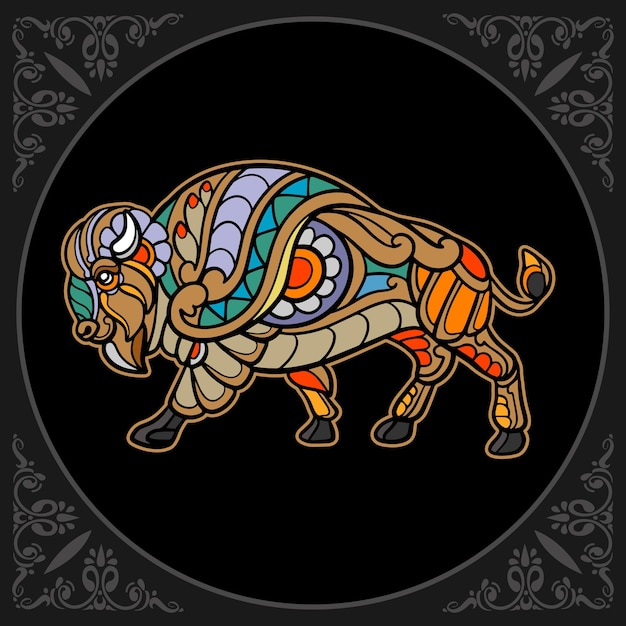 Colorful bison zentangle arts isolated on black background