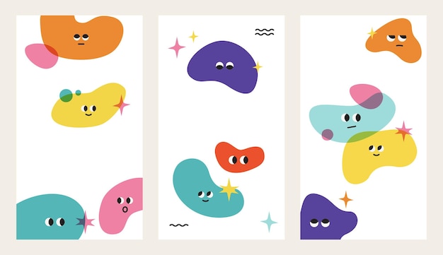 Colorful blobs with cute emotions vector collection set of vertical stories design template