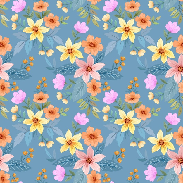 Colorful blooming flowers on blue color background seamless pattern for fabric textile wallpaper