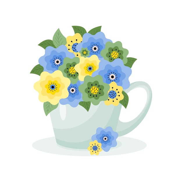 Colorful blooming flowers in cup. Colorful spring bouquet