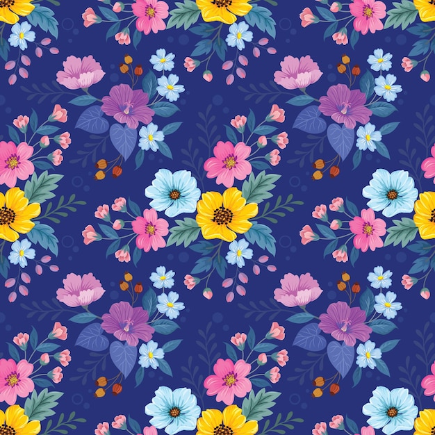 Colorful blooming flowers on dark blue color background seamless pattern for fabric textile wallpaper