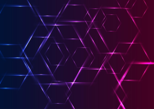 Colorful blue and purple neon hexagons glowing abstract geometric background modern technology vector design