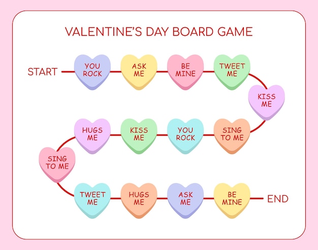 ベクトル バレンタインデーのカラフルなボードゲーム テンプレート白地に手描きのハート キャンディー