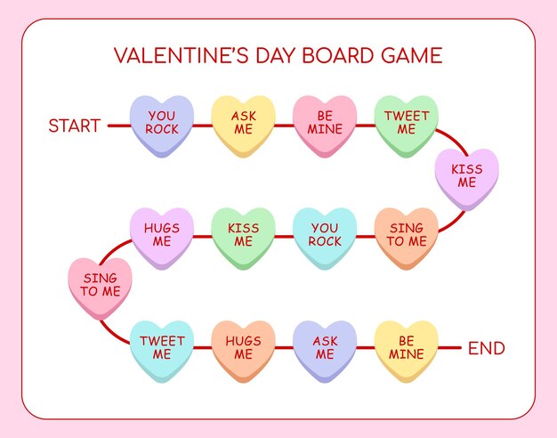Modello di gioco da tavolo colorato per san valentino caramella cuore disegnato a mano su sfondo bianco
