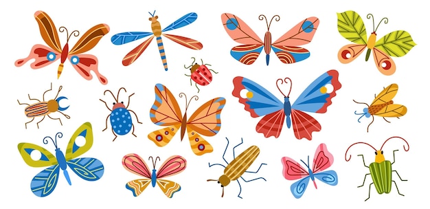 Farfalle boho colorate e insetti decorativi insetti modellati alla moda che volano e strisciano set vettoriale di coleotteri della natura primaverile ed estiva