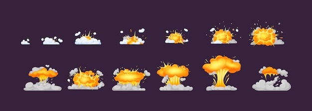 Colorful bomb explosion. set of blast atom explosive effect. burn abstract exploded hydrogen with dust, energy or fire. atomic destruction danger catastrophe. fire smoke, burning with elements flame