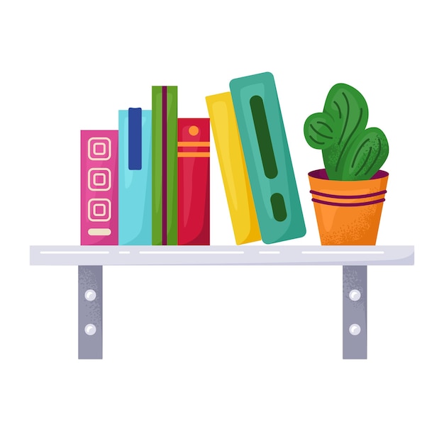 Colorful books shelf green potted plant Home office education concept organization interior