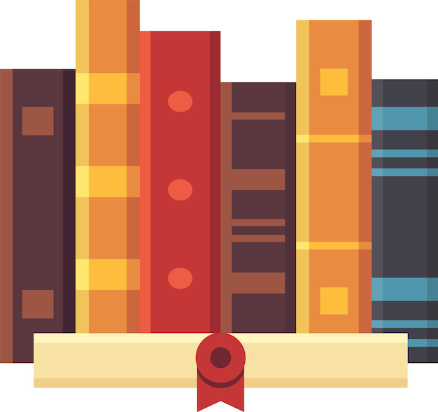 Colorful books standing upright with a diploma featuring a red ribbon and seal symbolizing successful completion of studies and academic excellence