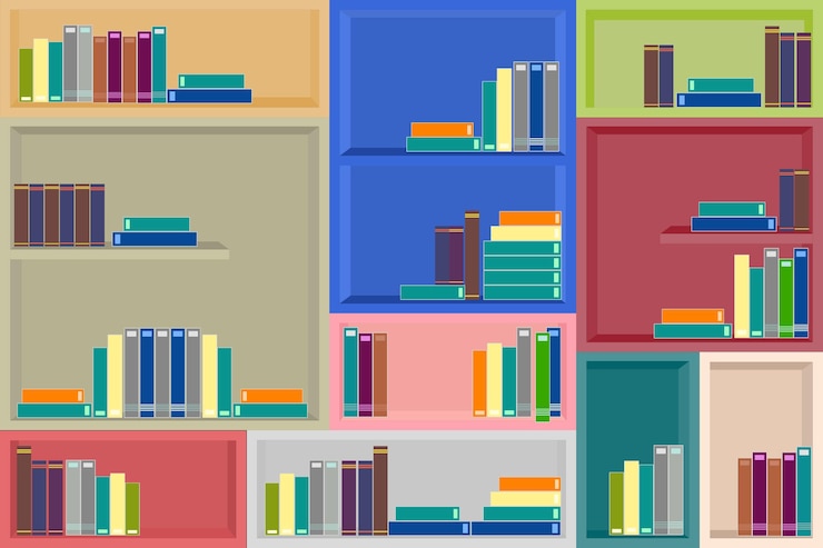Vector colorful bookshelves, wall cabinets, cartoon books.
