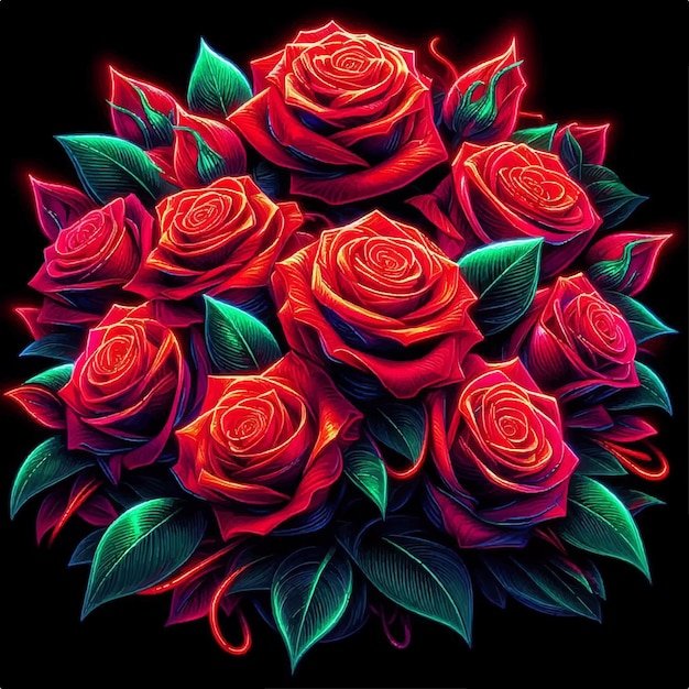 Vector colorful bouquet of red roses for valentines day isolated on black background