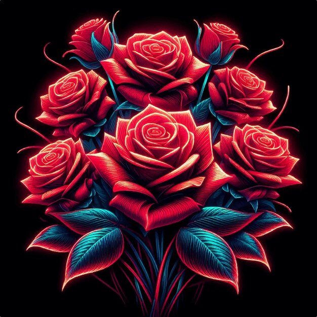 Vector colorful bouquet of red roses for valentines day isolated on black background