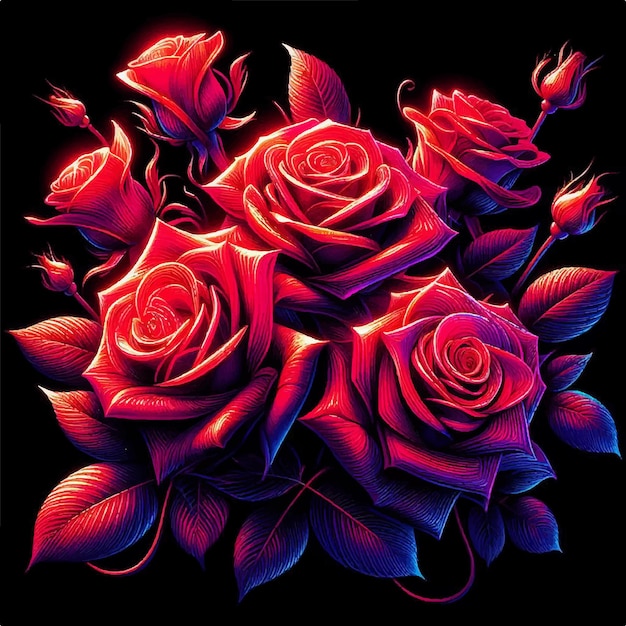 Vector colorful bouquet of red roses for valentines day isolated on black background