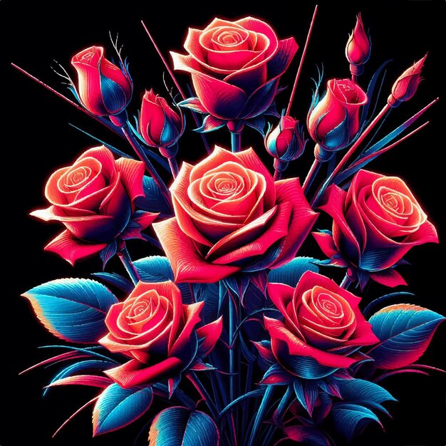 Vector colorful bouquet of red roses for valentines day isolated on black background