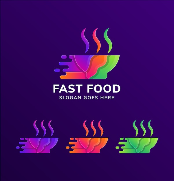 Красочная чаша в сочетании с дымом и символом скорости как шаблон дизайна логотипа быстрого питания, изолированные на фиолетовом фоне градиента.
