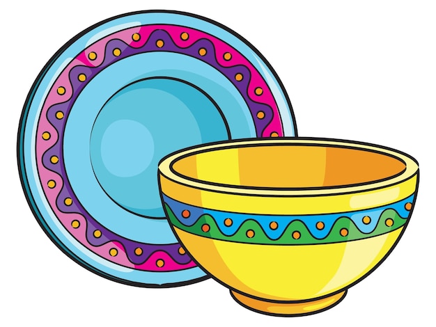 Vector colorful bowl and plate cartoon