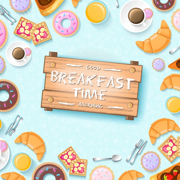 Colorful breakfast template with donuts cup of coffee kitchen tools cookies and croissants illustration