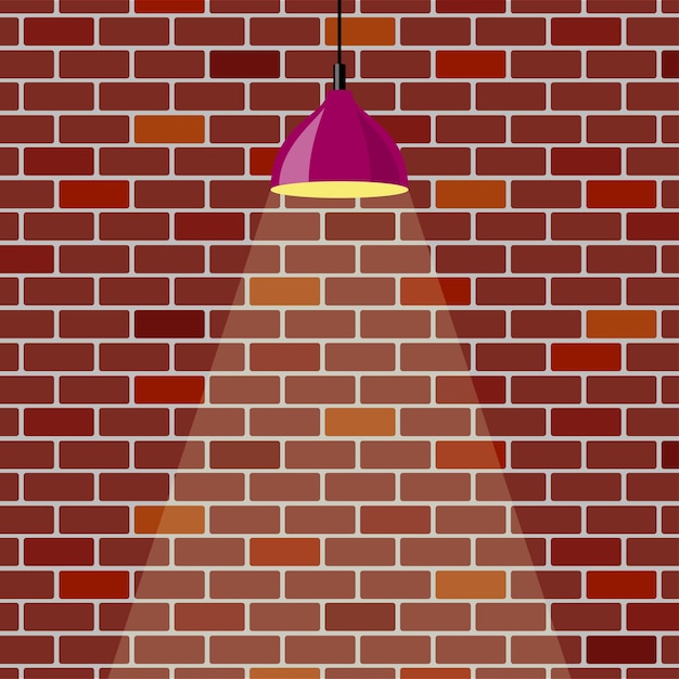 Colorful brick wall illuminated by hanging lamp Brick wall background Violet ceiling lamp