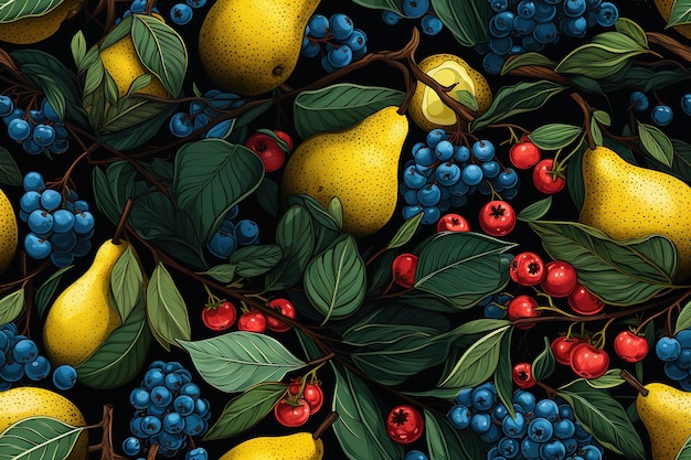 벡터 검은 배경에 다채로운 밝은 열매 원활한 패턴 간단한 벡터 신선한 음식 그림