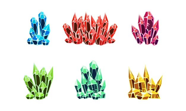 Colorful bright crystals set mineral stone rocks vector illustration on a white background